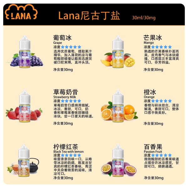 LANA煙油 LANA電子煙煙油 30ml 涼煙油 極冰丁鹽 30MG